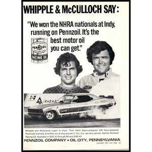 1972 Pennzoil Racing Motor Oil Vintage Print Ad Whipple McCulloch NHRA Wall Art